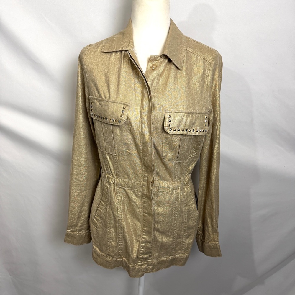 Boston Proper Metallic Gold Brushed Linen Utility Jacket with Studded Pockets